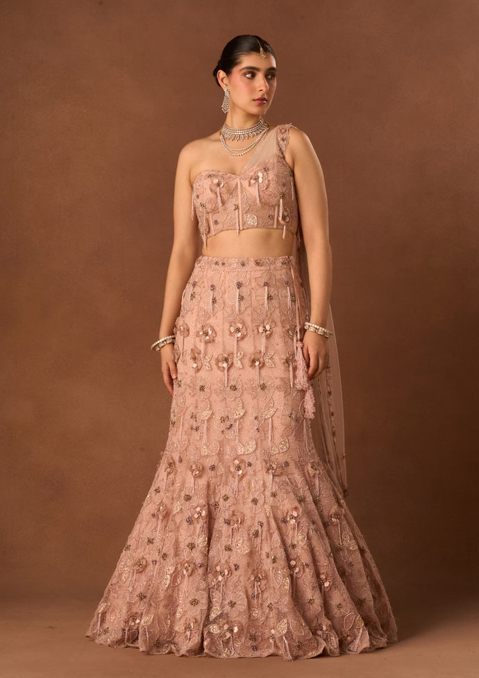 Twamev Women Pink Net Lehenga with Embroidery