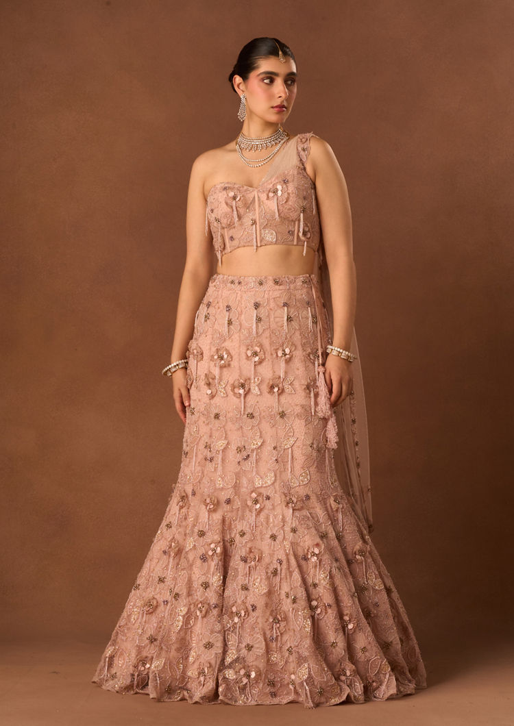 Twamev Women Pink Net Lehenga with Embroidery