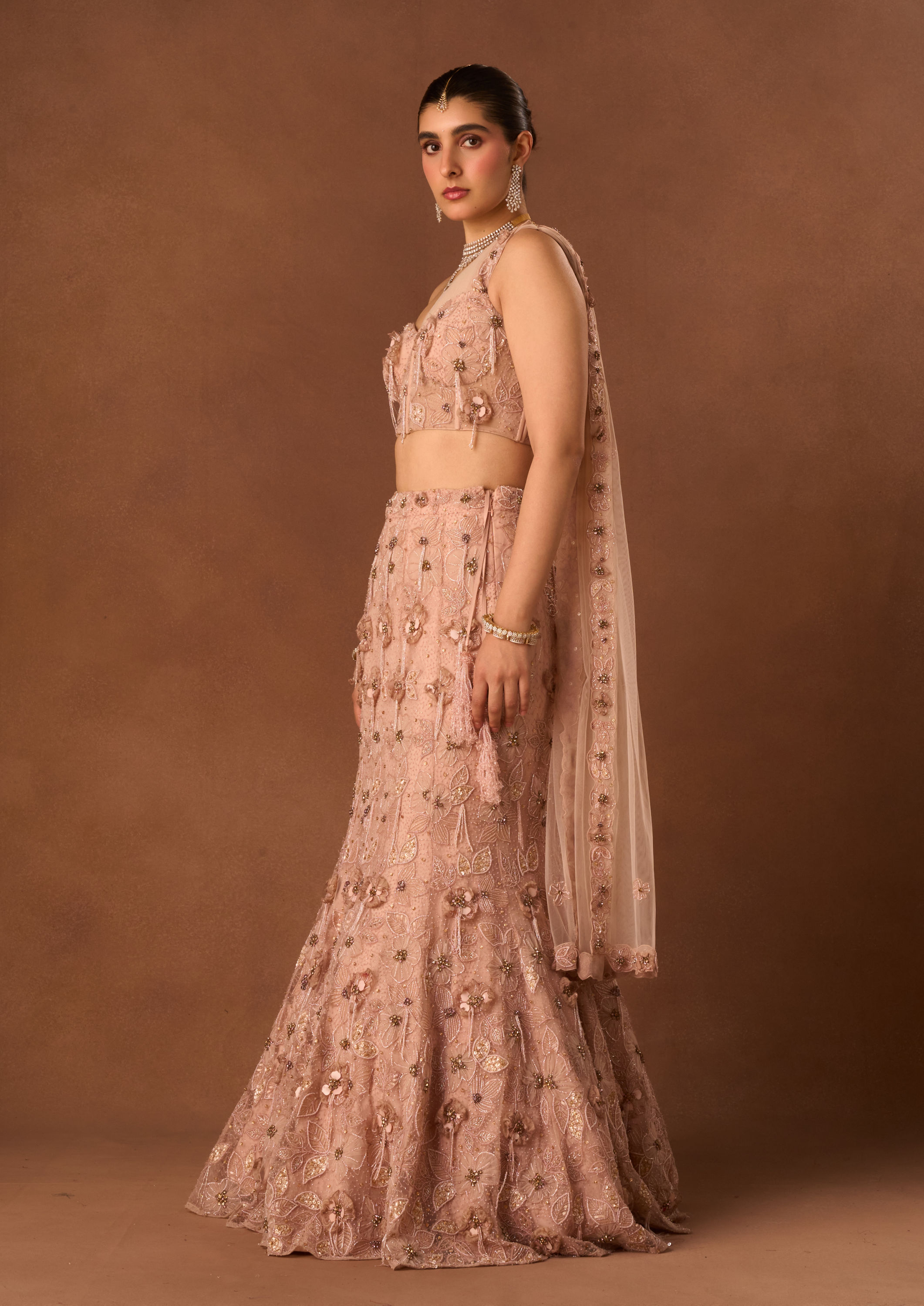 Twamev Women Pink Net Lehenga with Embroidery