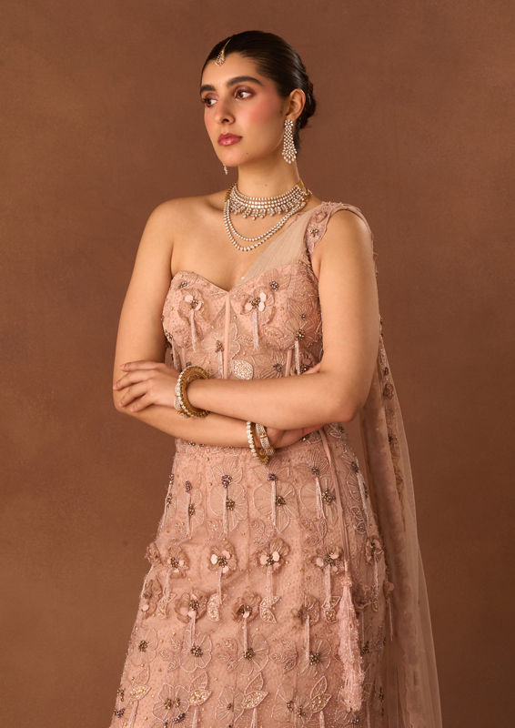 Twamev Women Pink Net Lehenga with Embroidery