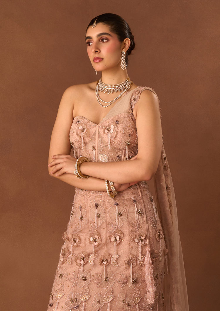 Twamev Women Pink Net Lehenga with Embroidery