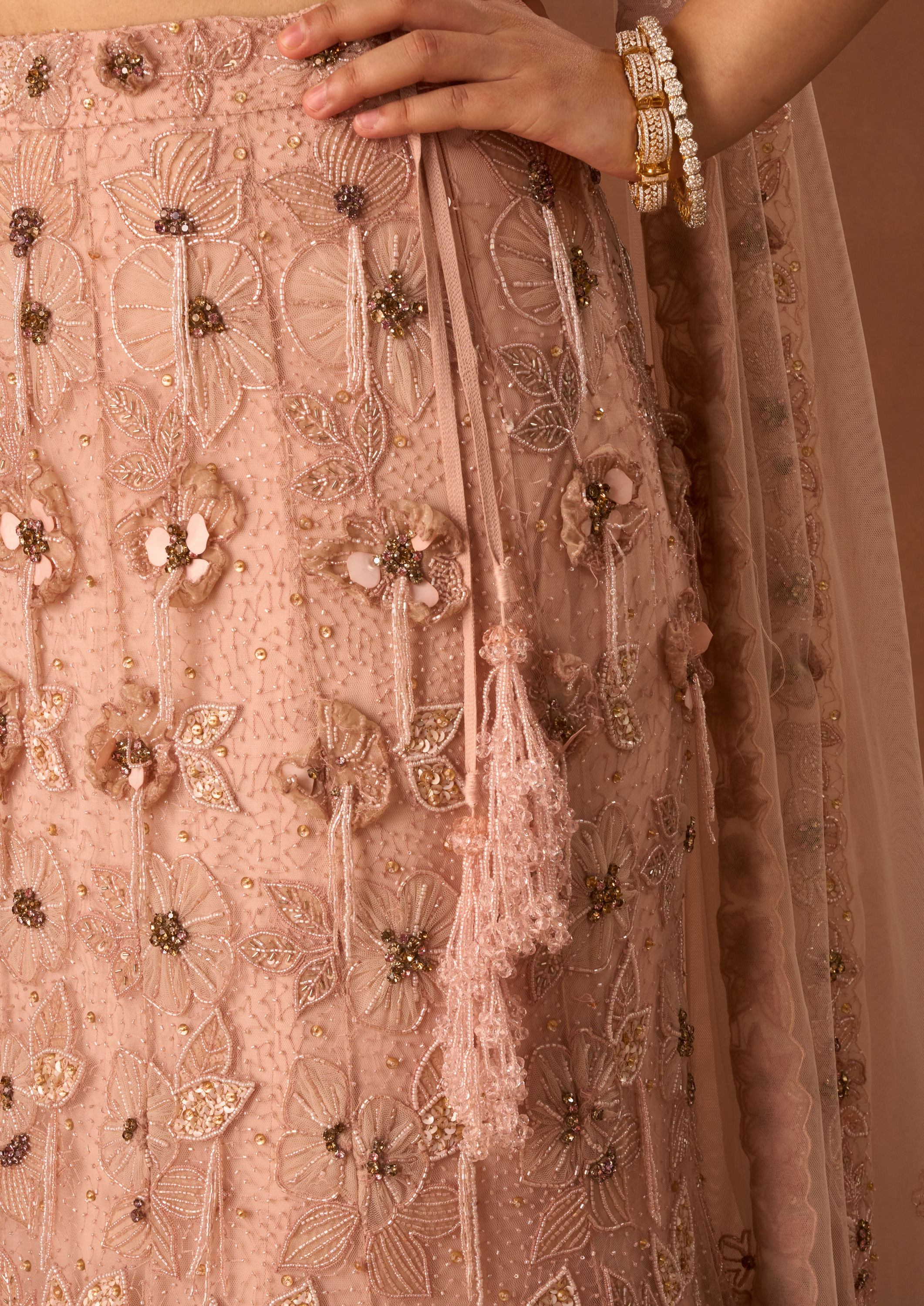 Twamev Women Pink Net Lehenga with Embroidery
