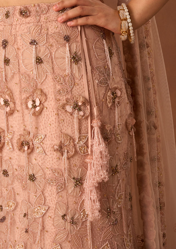 Twamev Women Pink Net Lehenga with Embroidery