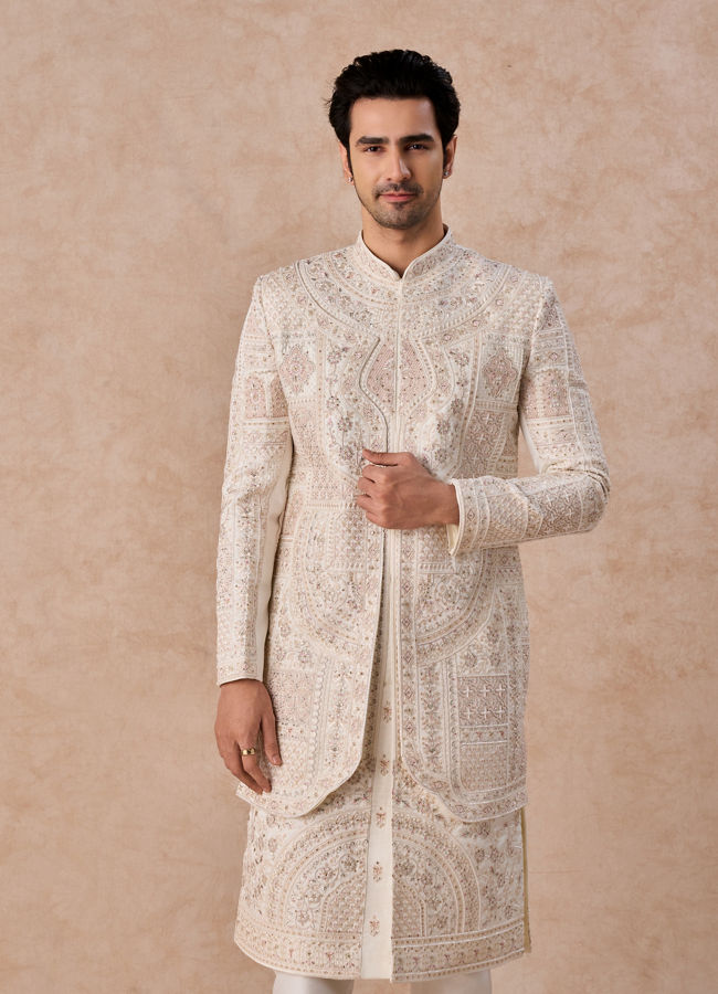 Manyavar Men Elegant White Festive Open Sherwani