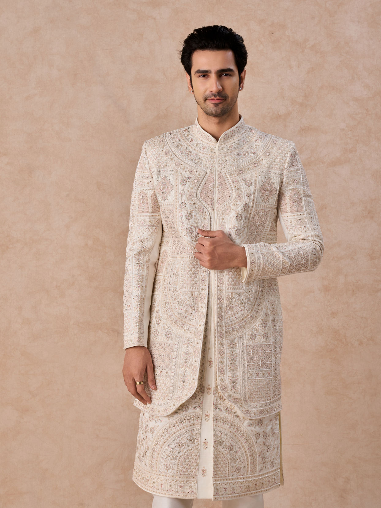 Manyavar Men Elegant White Festive Open Sherwani