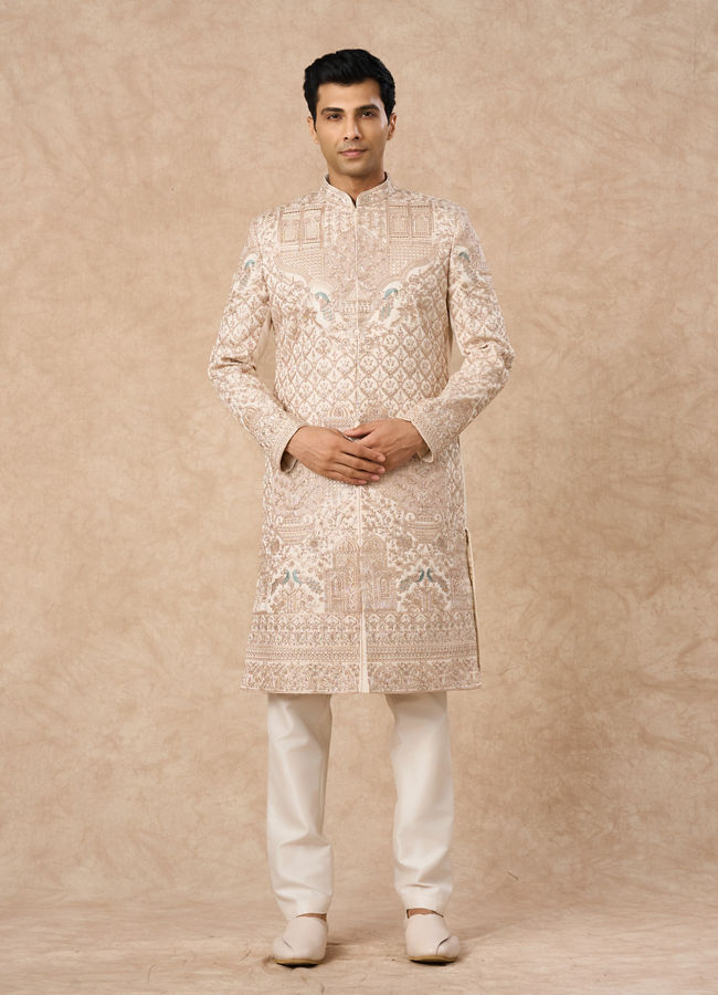 Manyavar Men Champagne Art Silk Sherwani with Embroidery