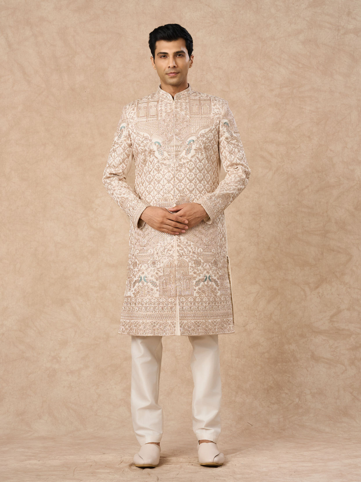 Manyavar Men Champagne Art Silk Sherwani with Embroidery