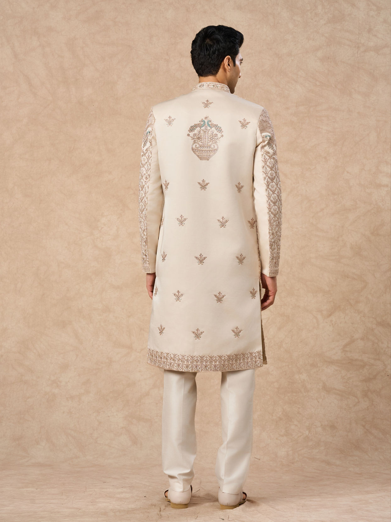 Manyavar Men Champagne Art Silk Sherwani with Embroidery