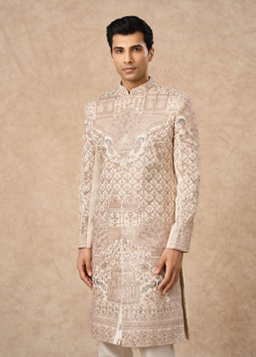 Manyavar Men Champagne Art Silk Sherwani with Embroidery