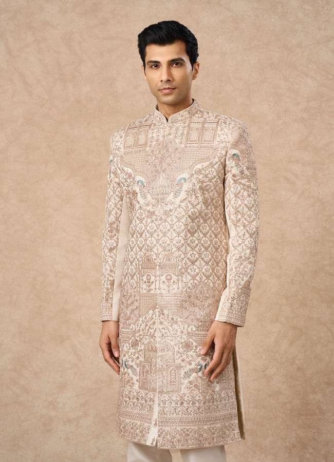 Manyavar Men Champagne Art Silk Sherwani with Embroidery