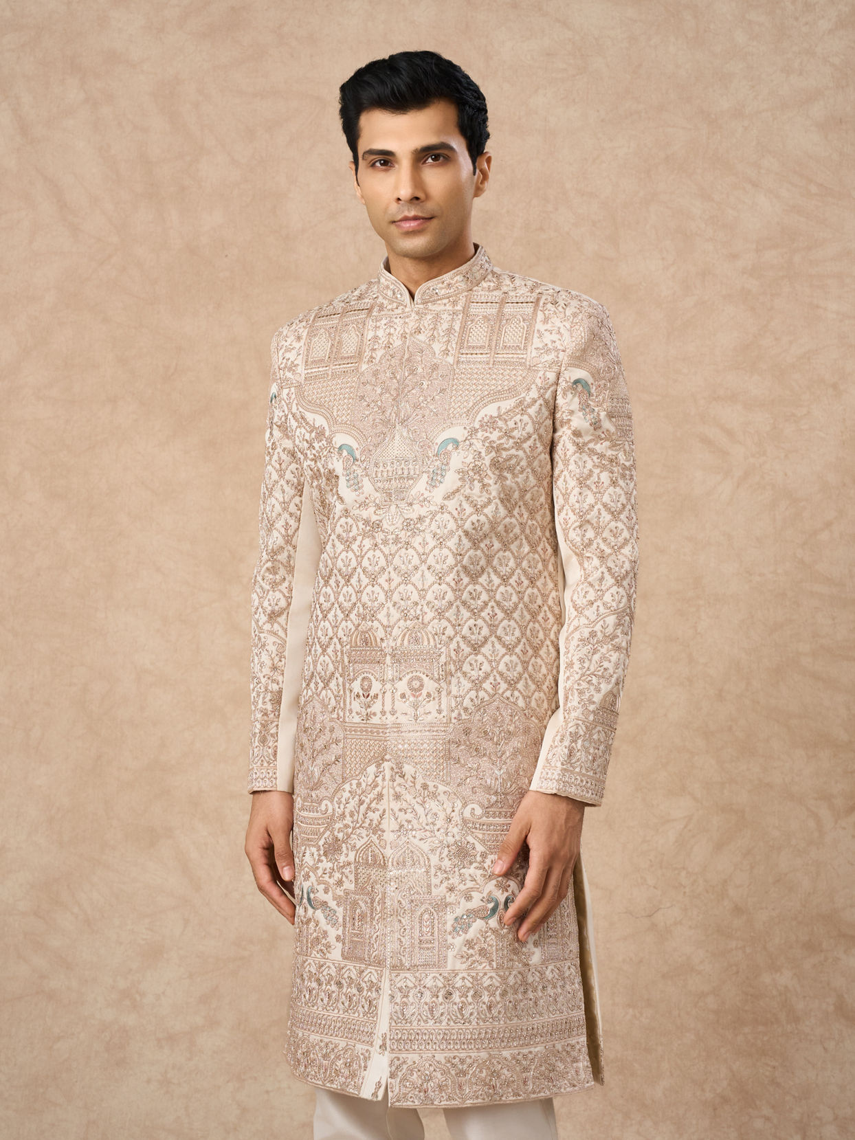 Manyavar Men Champagne Art Silk Sherwani with Embroidery