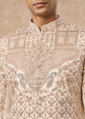 Manyavar Men Champagne Art Silk Sherwani with Embroidery