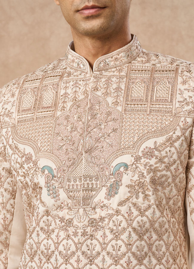 Manyavar Men Champagne Art Silk Sherwani with Embroidery