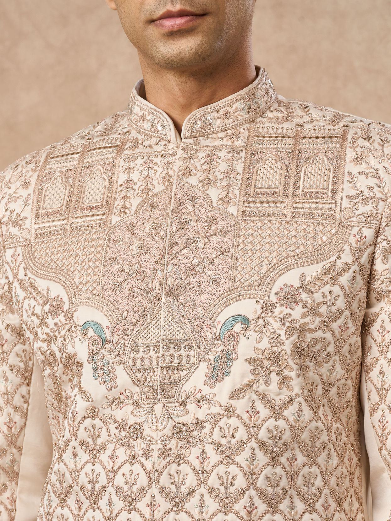 Manyavar Men Champagne Art Silk Sherwani with Embroidery