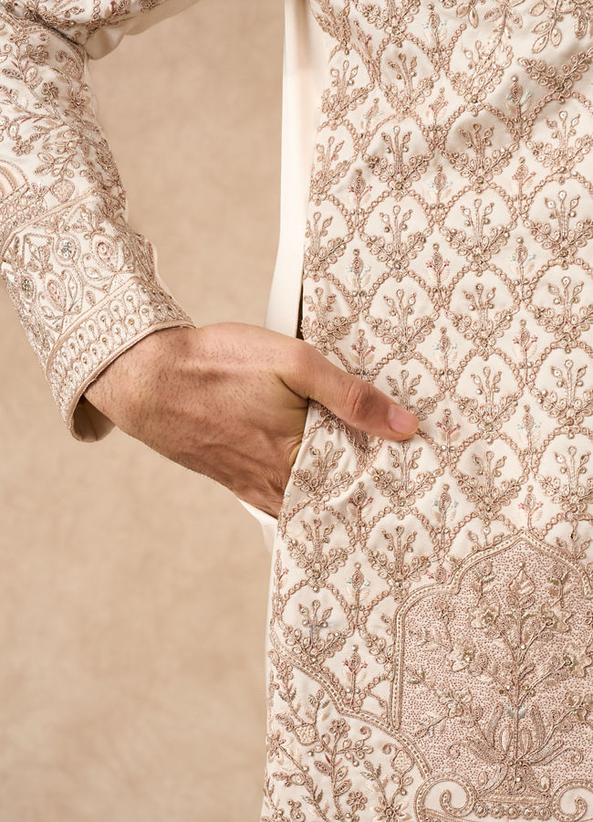 Manyavar Men Champagne Art Silk Sherwani with Embroidery