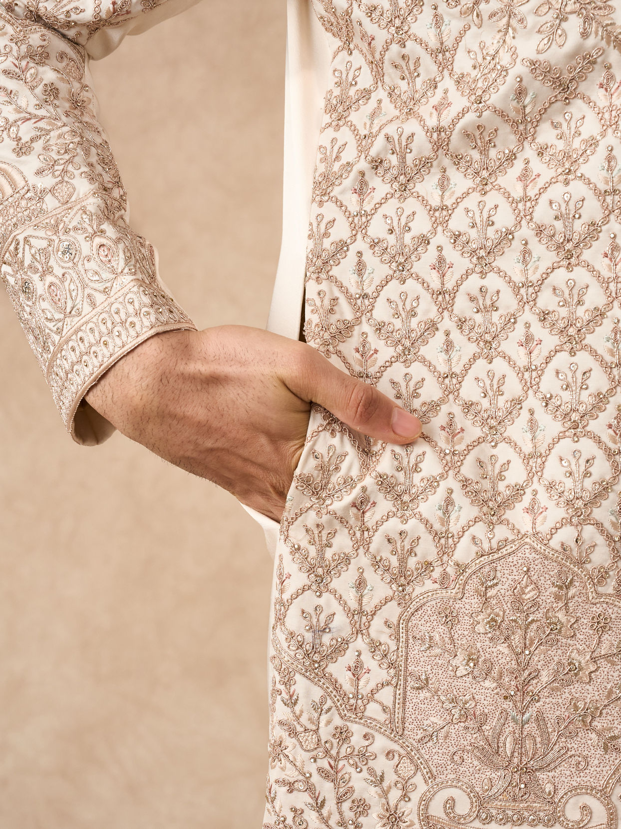 Manyavar Men Champagne Art Silk Sherwani with Embroidery