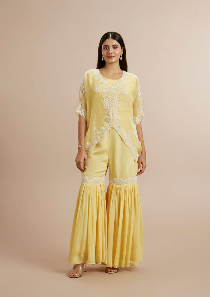 Twamev Women Grandeur Yellow Organza Stitched Suit