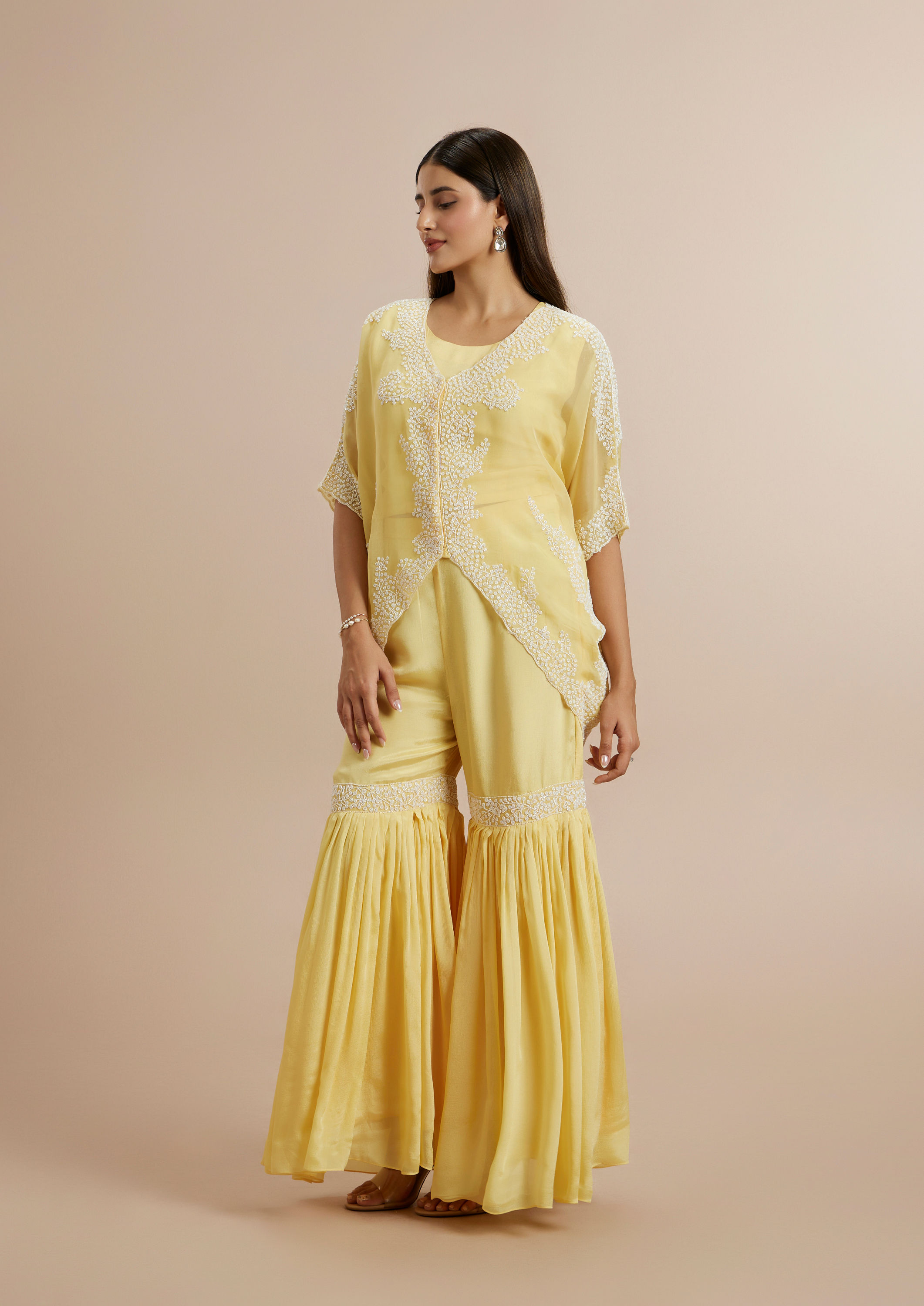 Twamev Women Grandeur Yellow Organza Stitched Suit