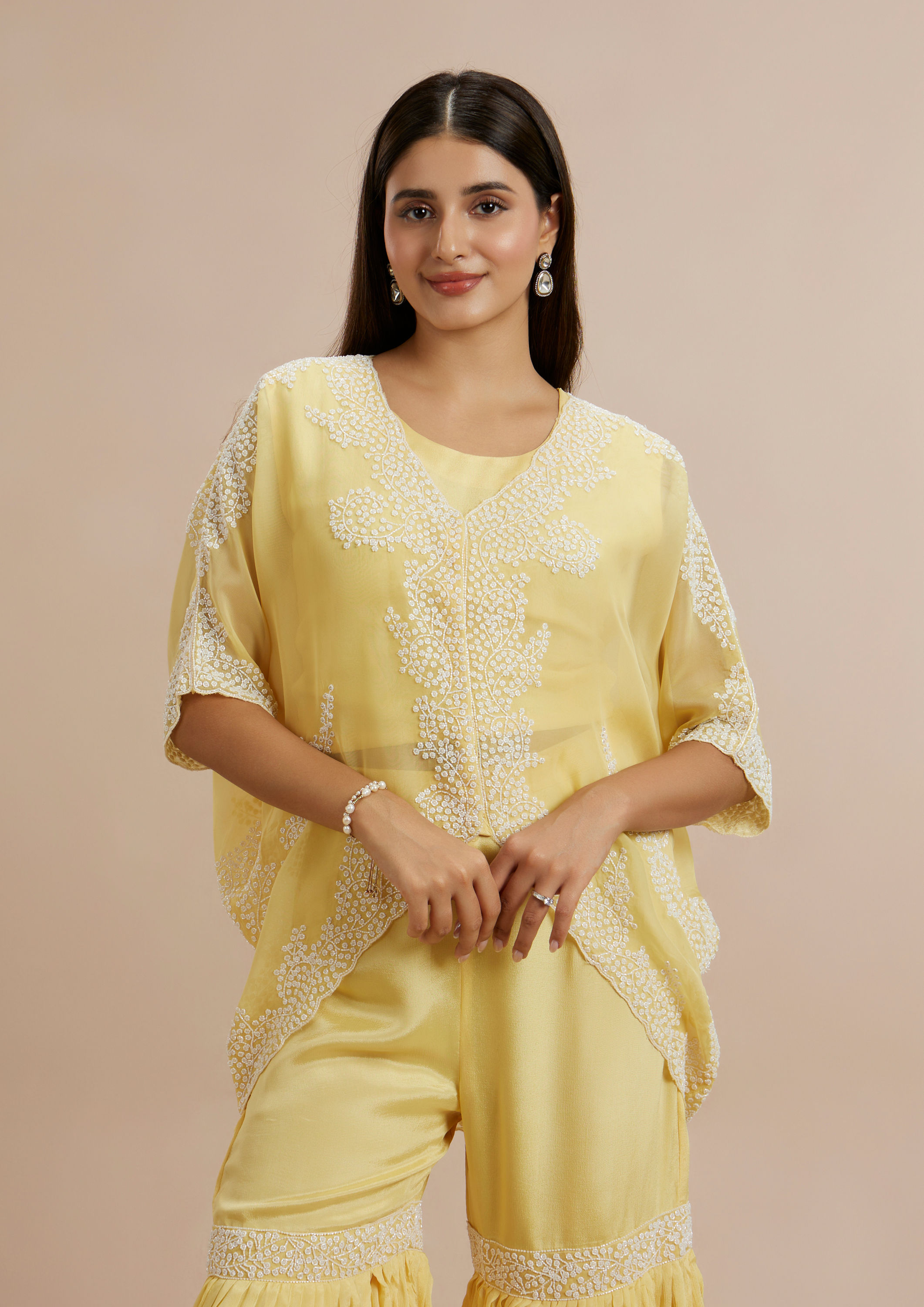 Twamev Women Grandeur Yellow Organza Stitched Suit