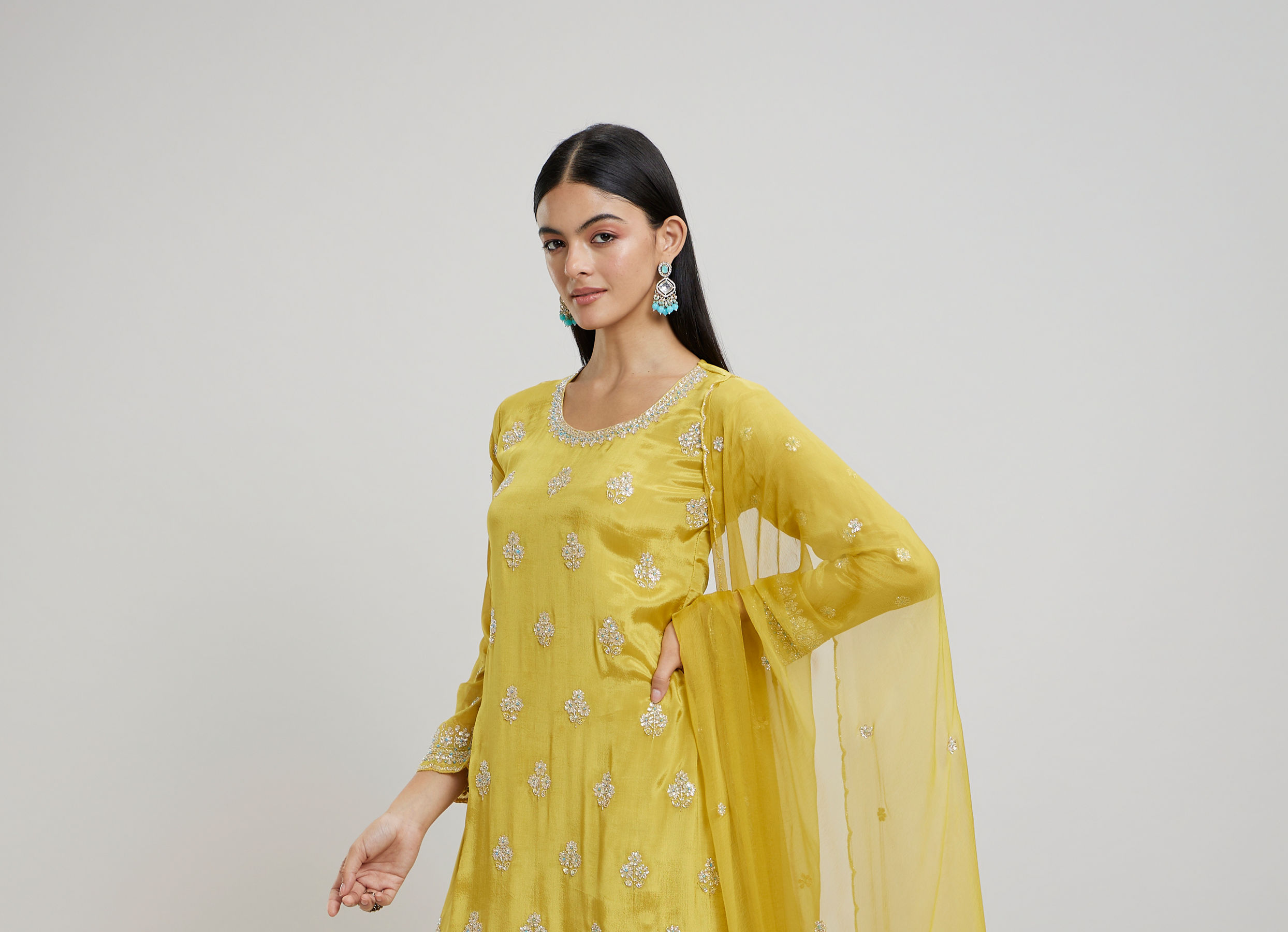 Twamev Women Mustard Yellow Viscose Sequin Embroidered Sharara Suit