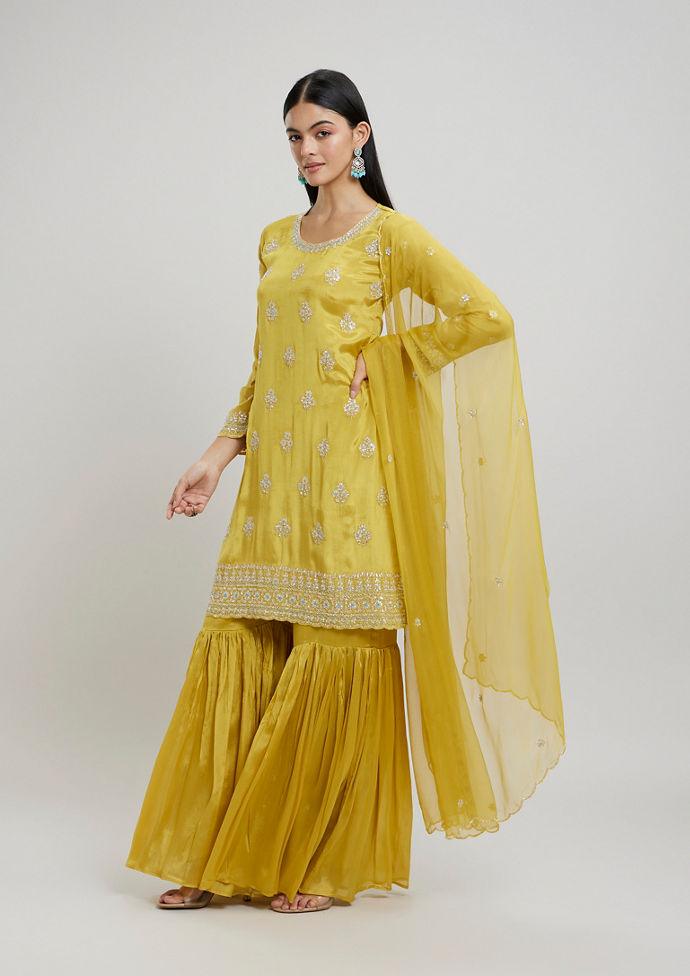 Twamev Women Radiant Yellow Chinon Stitched Suit