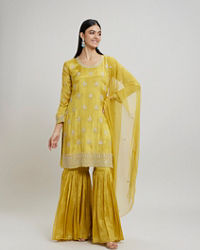 Twamev Women Mustard Yellow Viscose Sequin Embroidered Sharara Suit