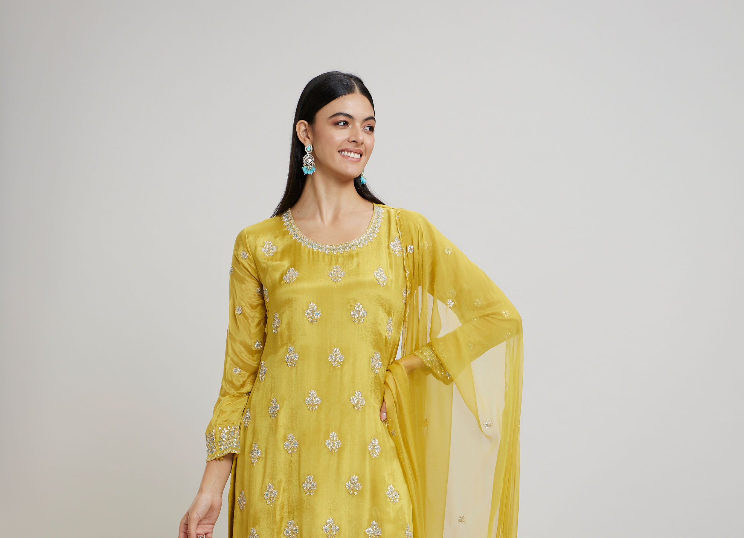 Twamev Women Mustard Yellow Viscose Sequin Embroidered Sharara Suit