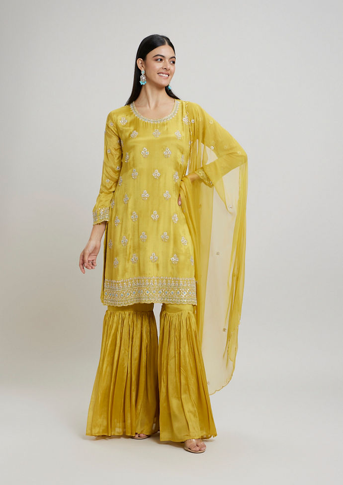 Twamev Women Radiant Yellow Chinon Stitched Suit