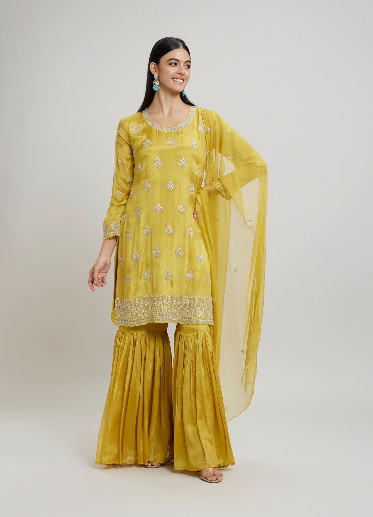 Twamev Women Mustard Yellow Viscose Sequin Embroidered Sharara Suit