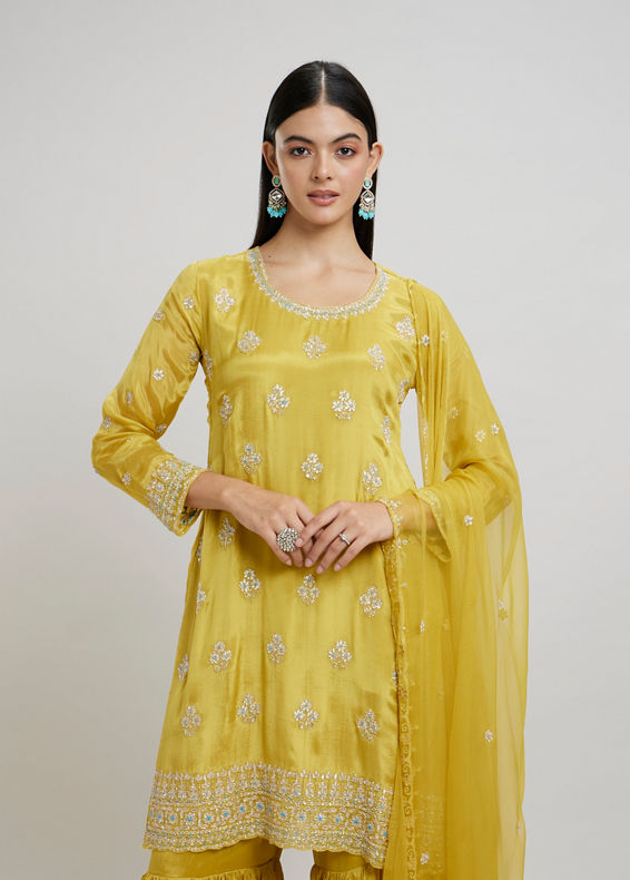 Twamev Women Mustard Yellow Viscose Sequin Embroidered Sharara Suit