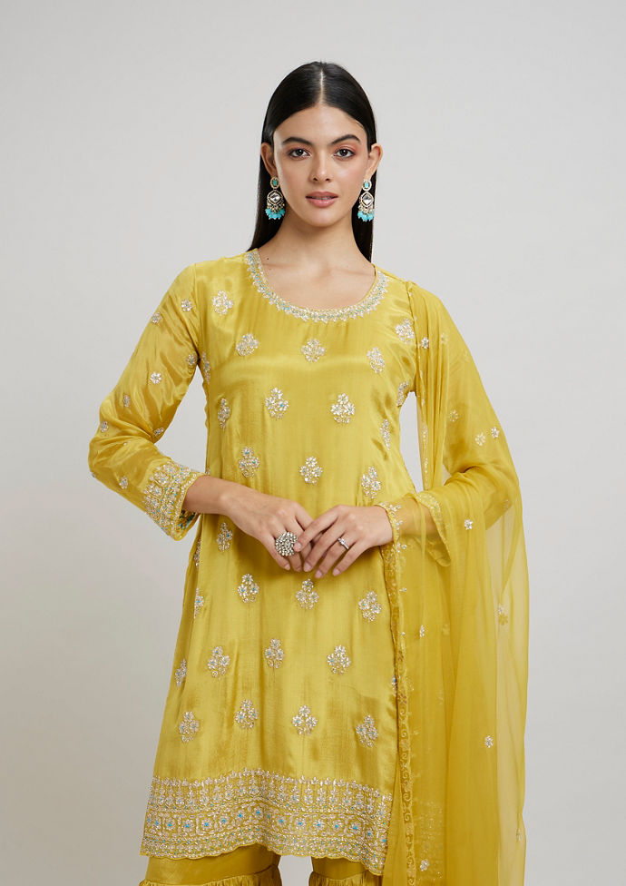 Twamev Women Radiant Yellow Chinon Stitched Suit