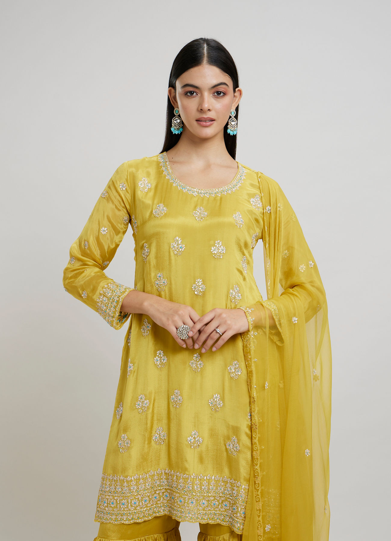 Twamev Women Mustard Yellow Viscose Sequin Embroidered Sharara Suit