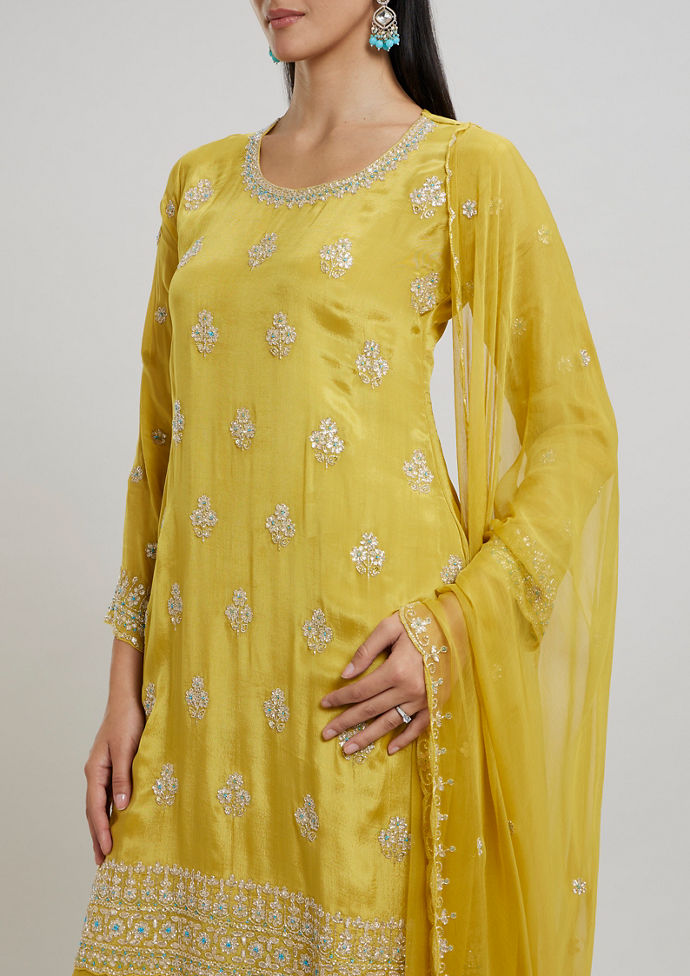 Twamev Women Radiant Yellow Chinon Stitched Suit