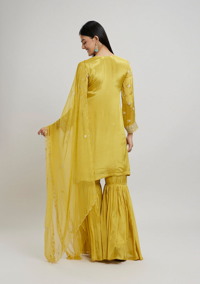 Twamev Women Radiant Yellow Chinon Stitched Suit