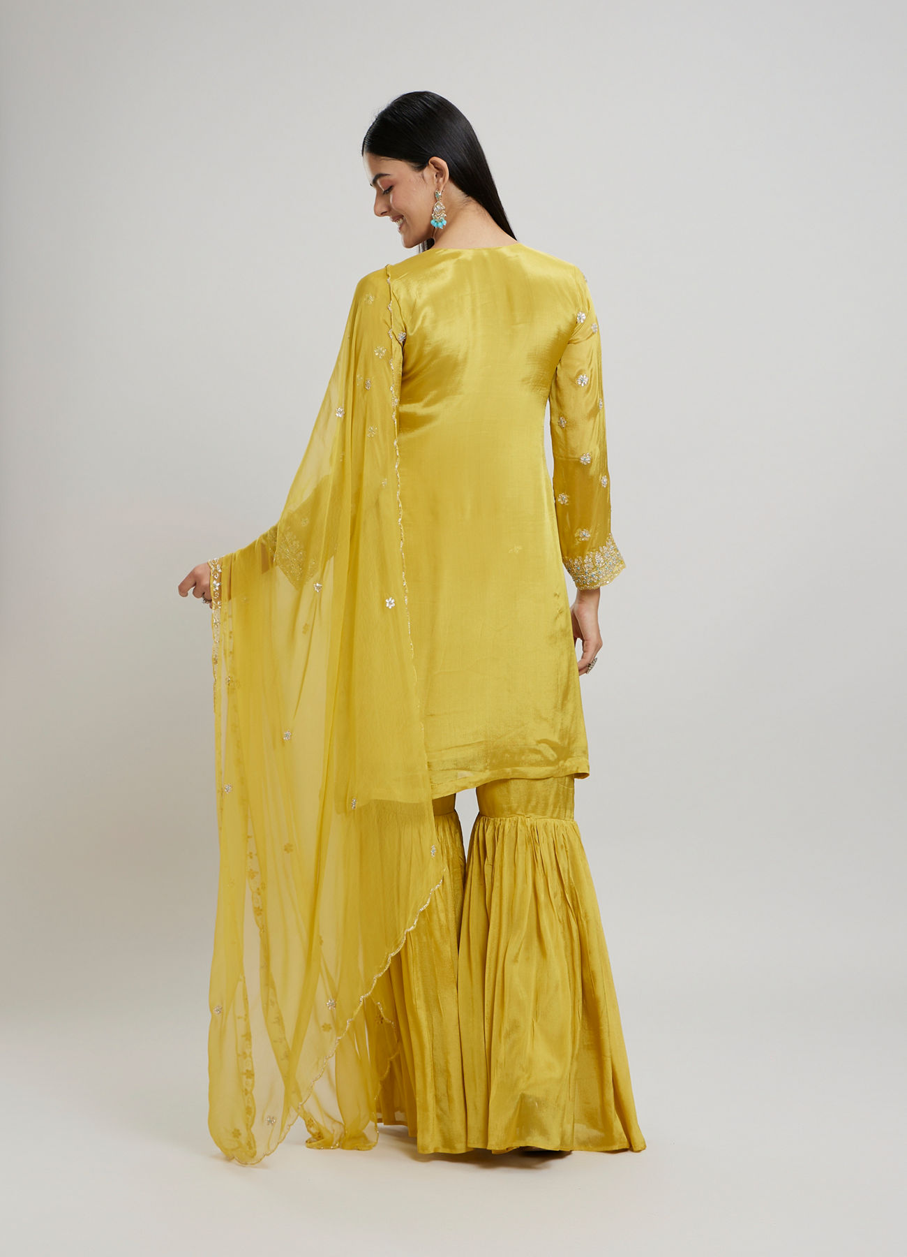 Twamev Women Mustard Yellow Viscose Sequin Embroidered Sharara Suit