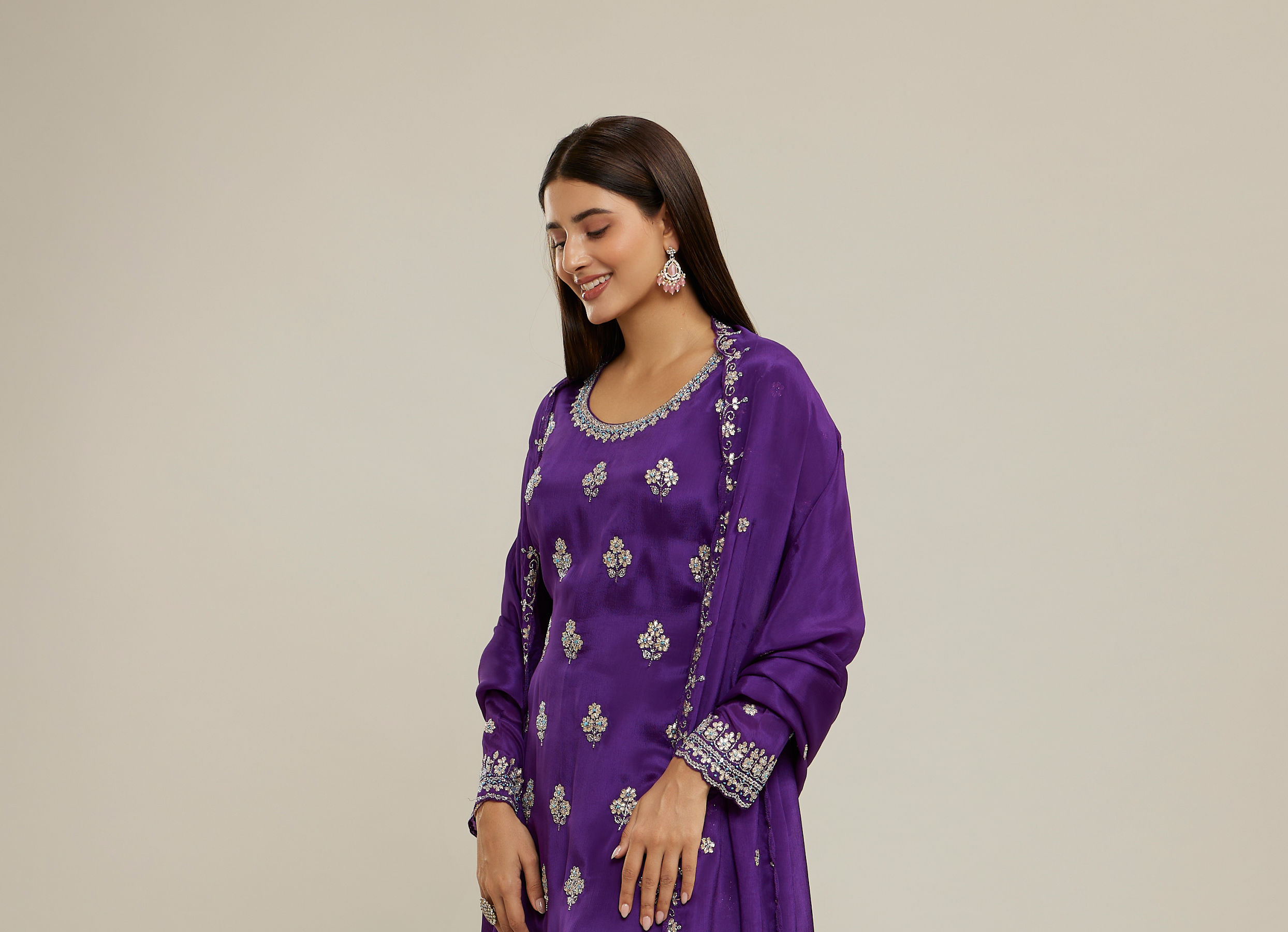 Twamev Women Purple Viscose Sequin Embroidered Sharara Suit