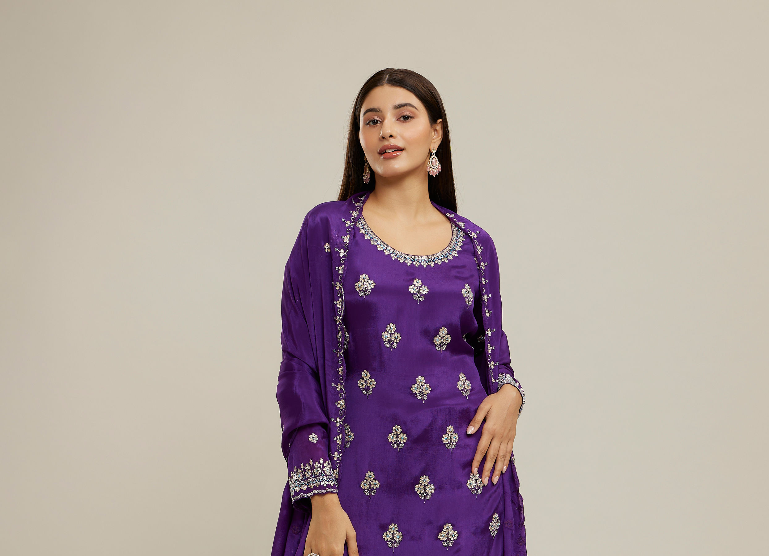 Twamev Women Purple Viscose Sequin Embroidered Sharara Suit