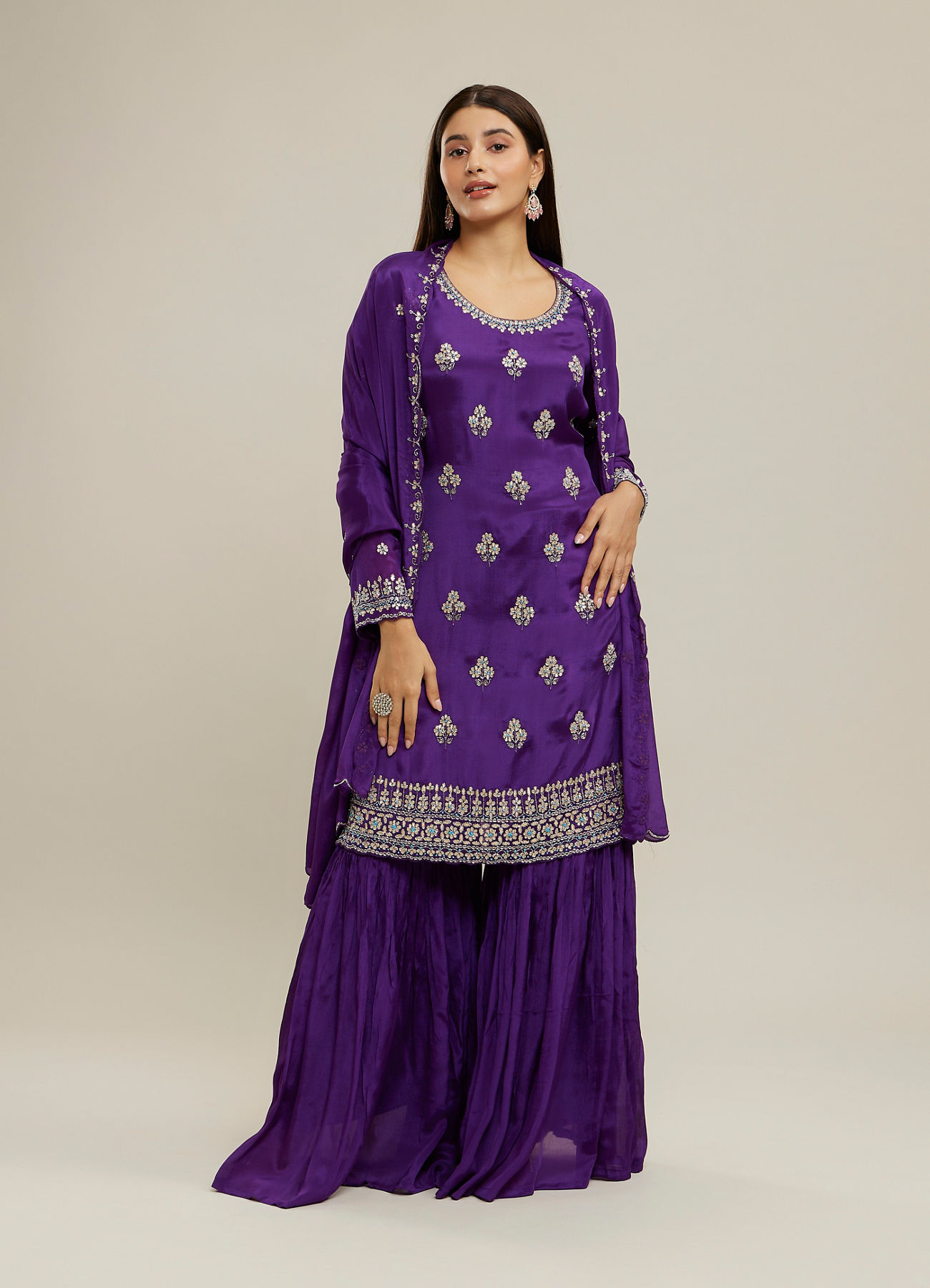 Twamev Women Purple Viscose Sequin Embroidered Sharara Suit