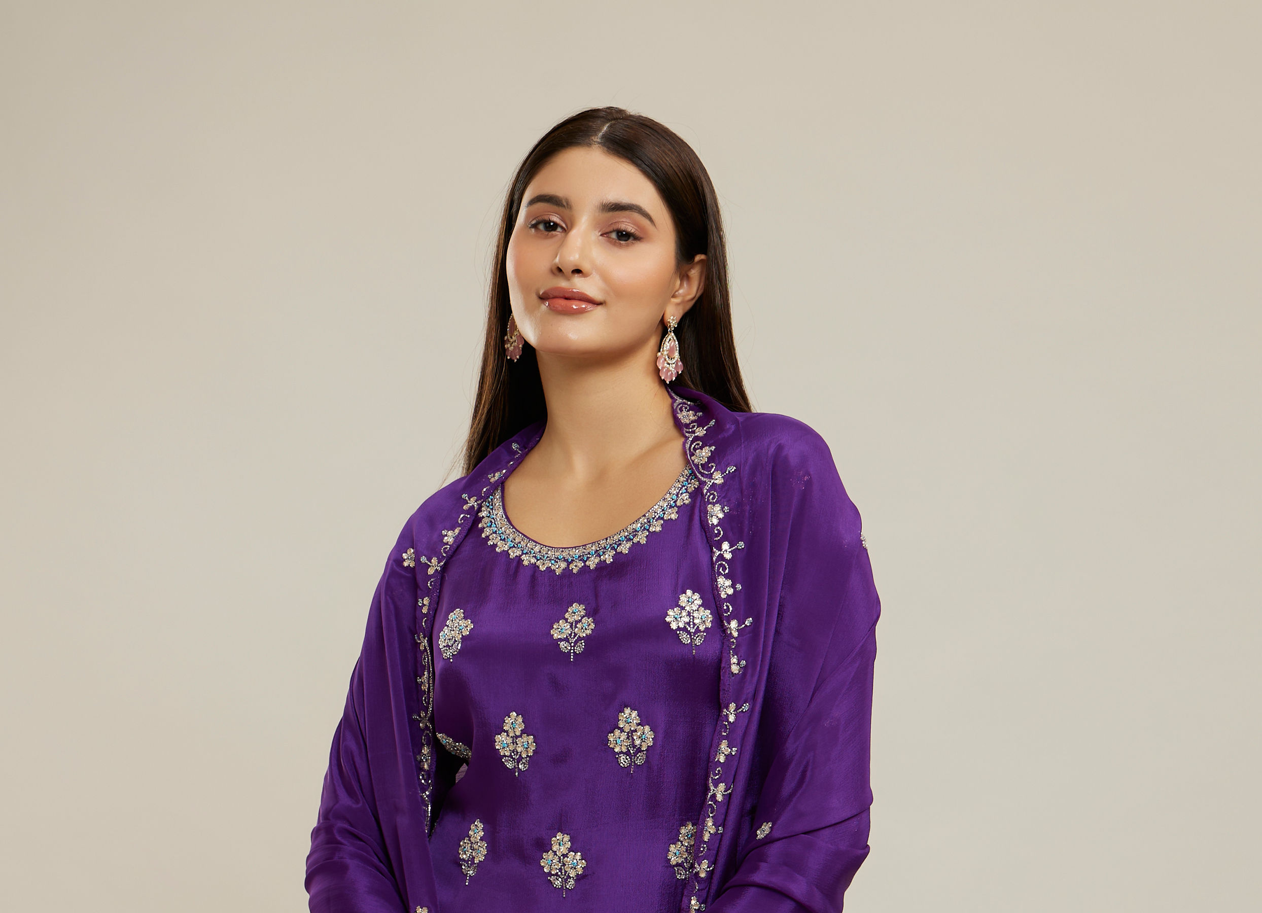 Twamev Women Purple Viscose Sequin Embroidered Sharara Suit