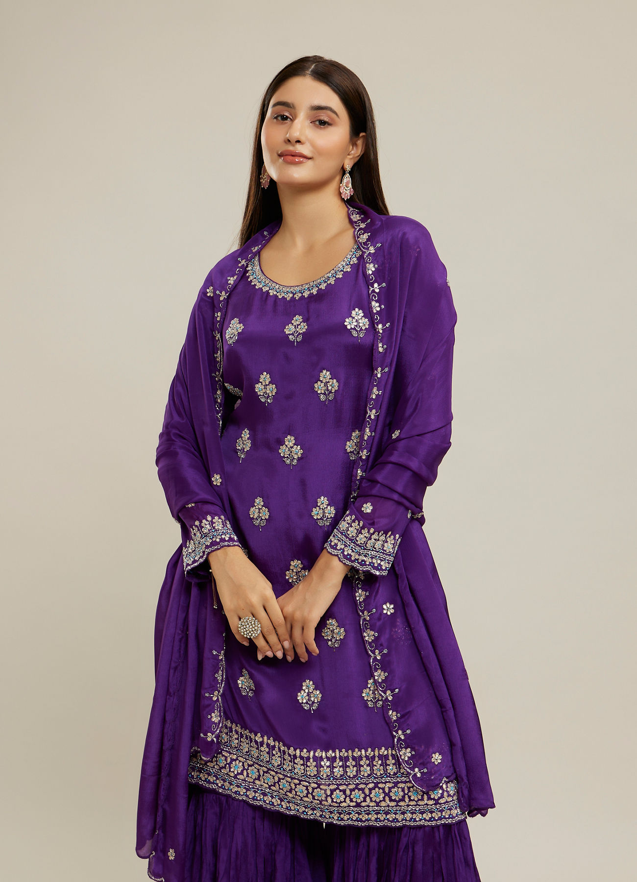 Twamev Women Purple Viscose Sequin Embroidered Sharara Suit