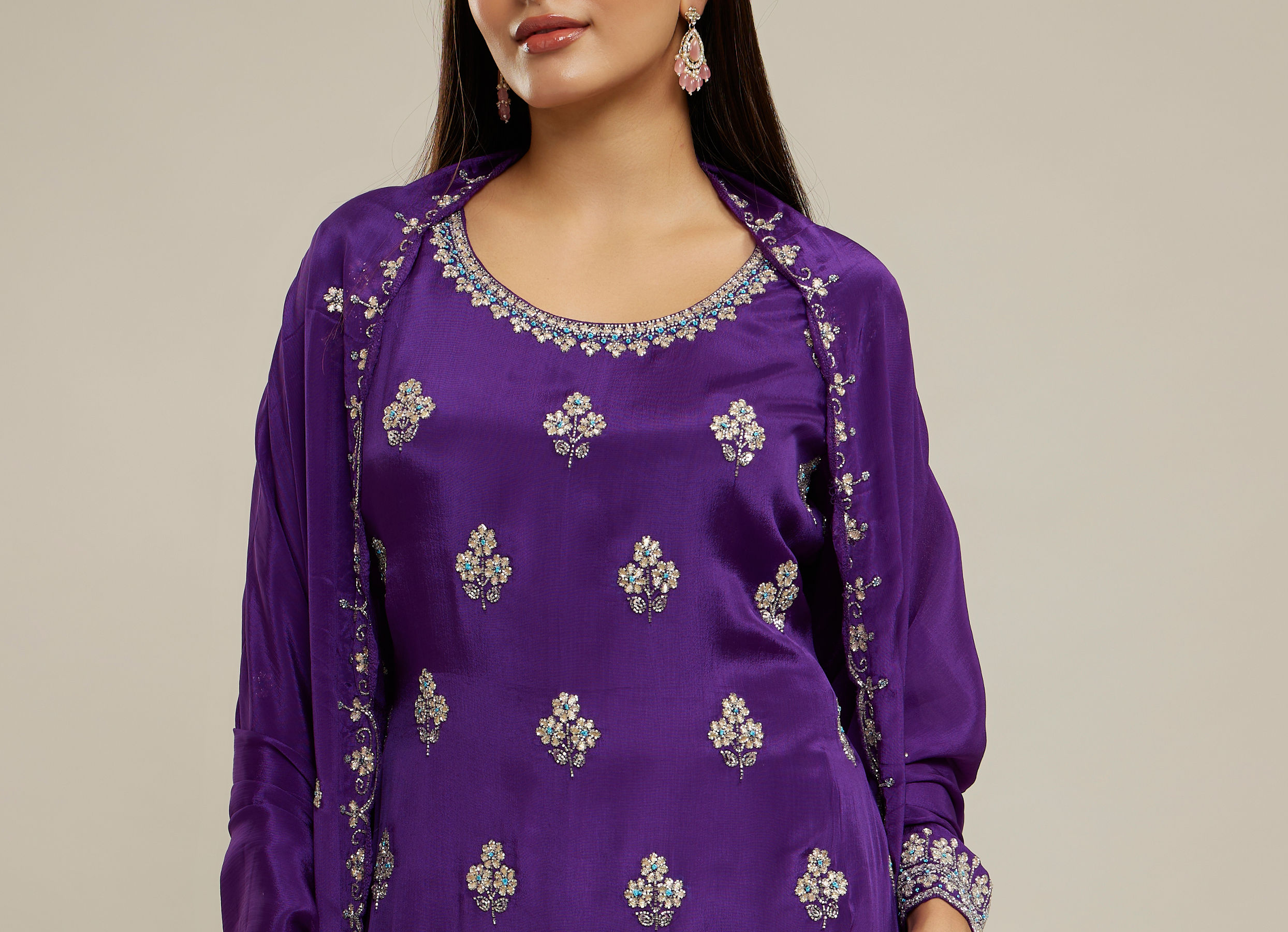 Twamev Women Purple Viscose Sequin Embroidered Sharara Suit