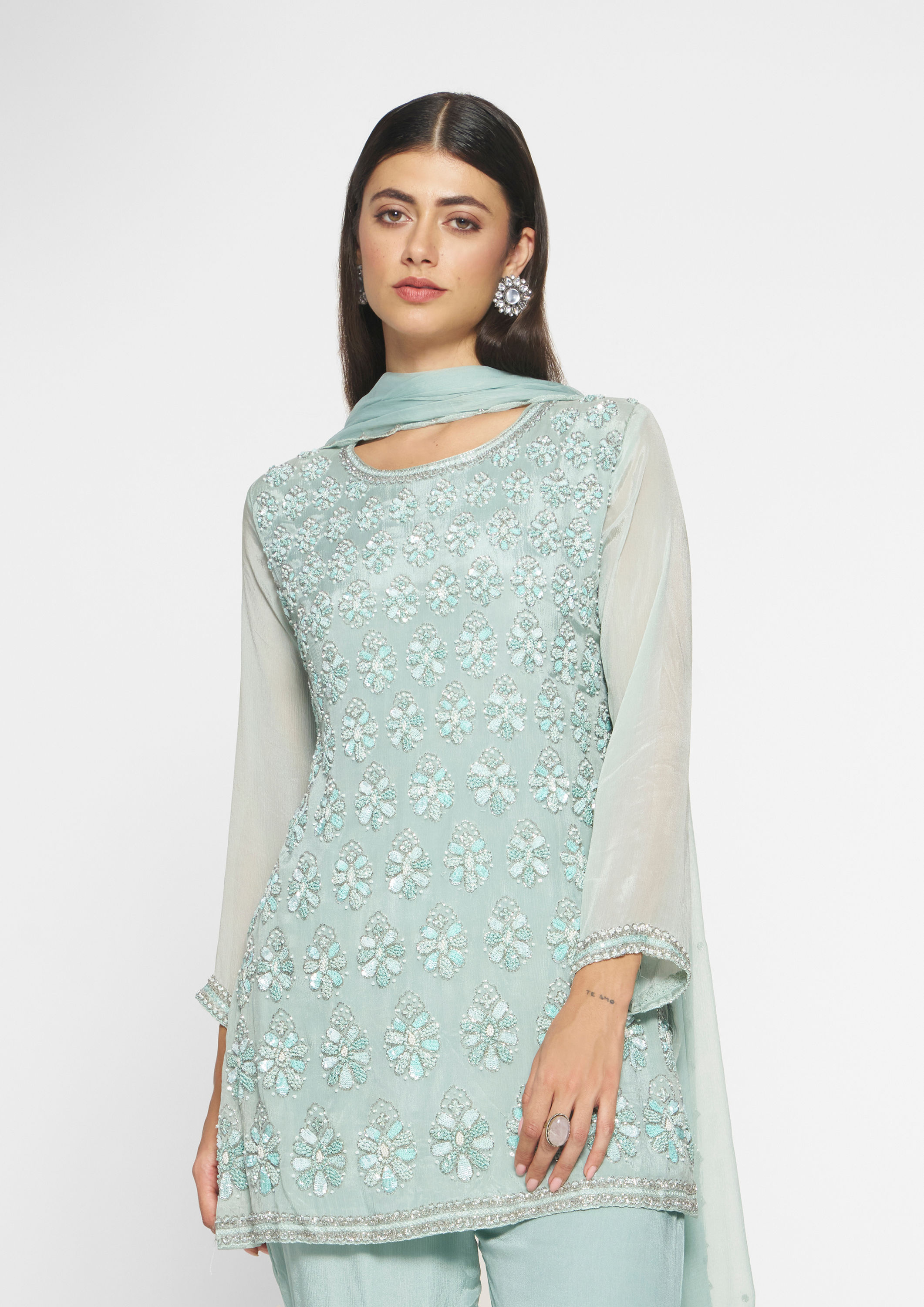 Twamev Women Elegant Light Blue Stitched Suit