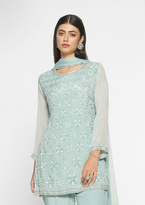 alt message - Twamev Women Elegant Light Blue Stitched Suit image number 1