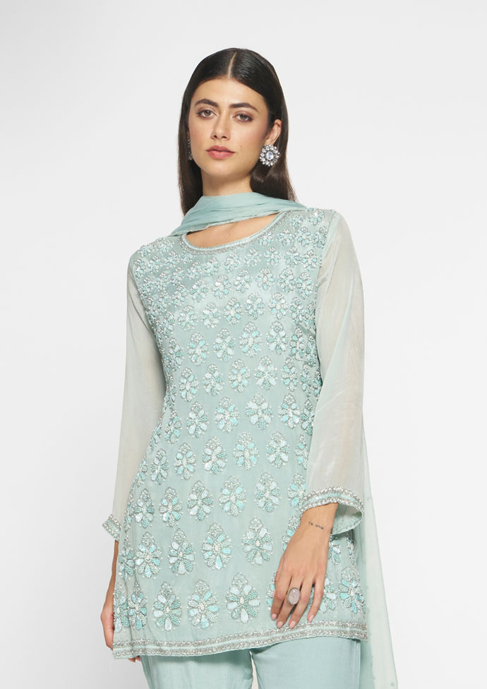 alt message - Twamev Women Elegant Light Blue Stitched Suit image number 1