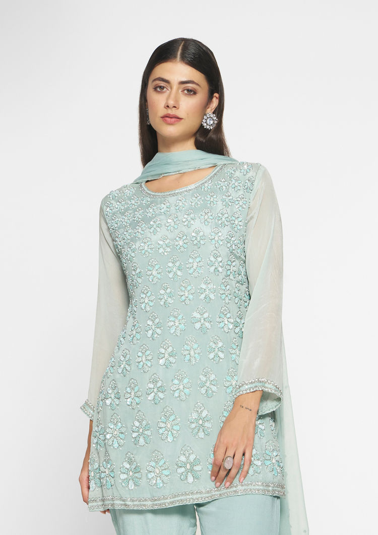 alt message - Twamev Women Elegant Light Blue Stitched Suit image number 1