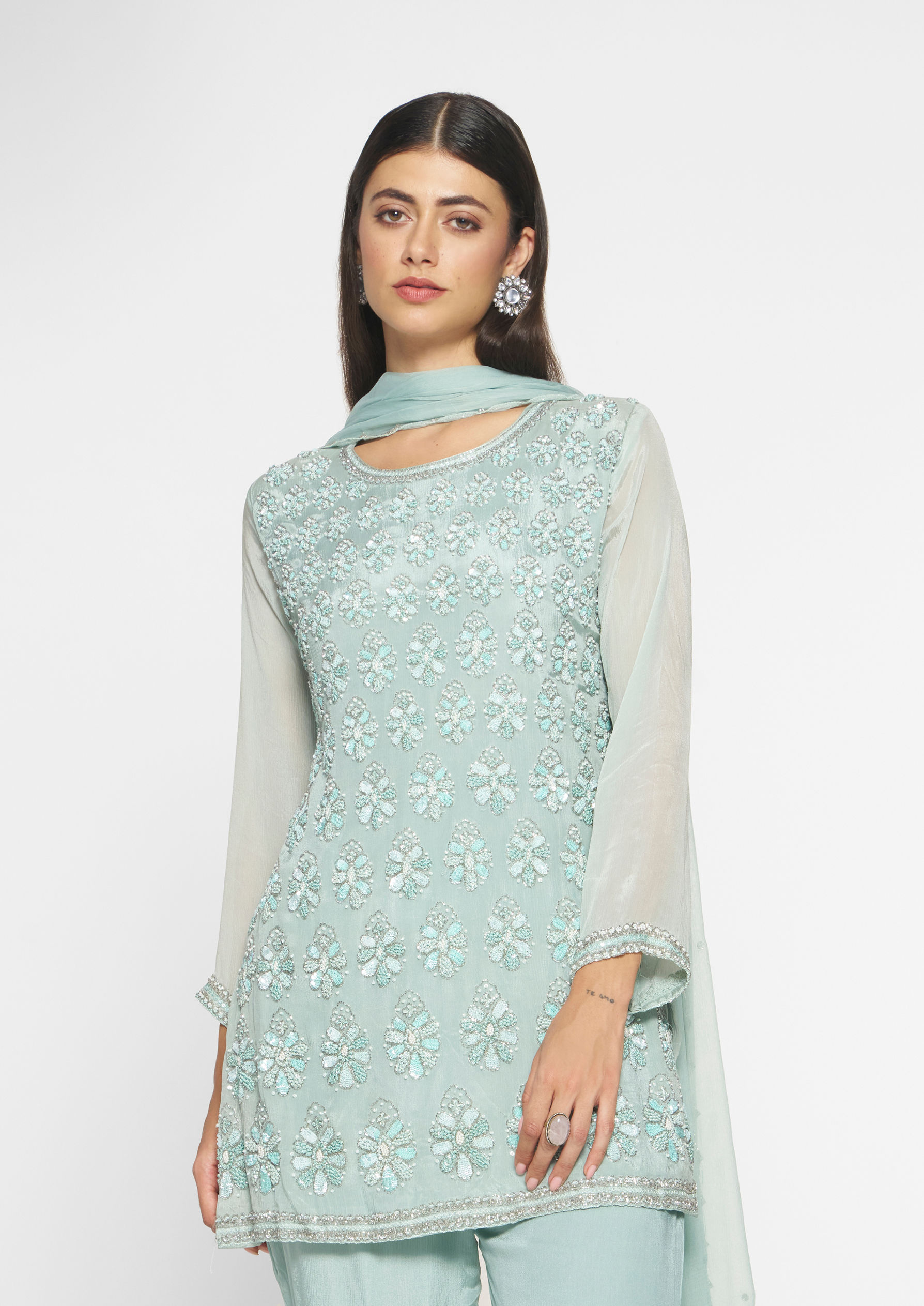 alt message - Twamev Women Elegant Light Blue Stitched Suit image number 1