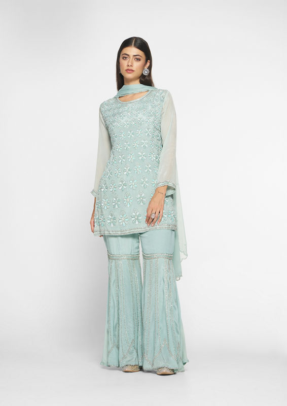 alt message - Twamev Women Elegant Light Blue Stitched Suit image number 0