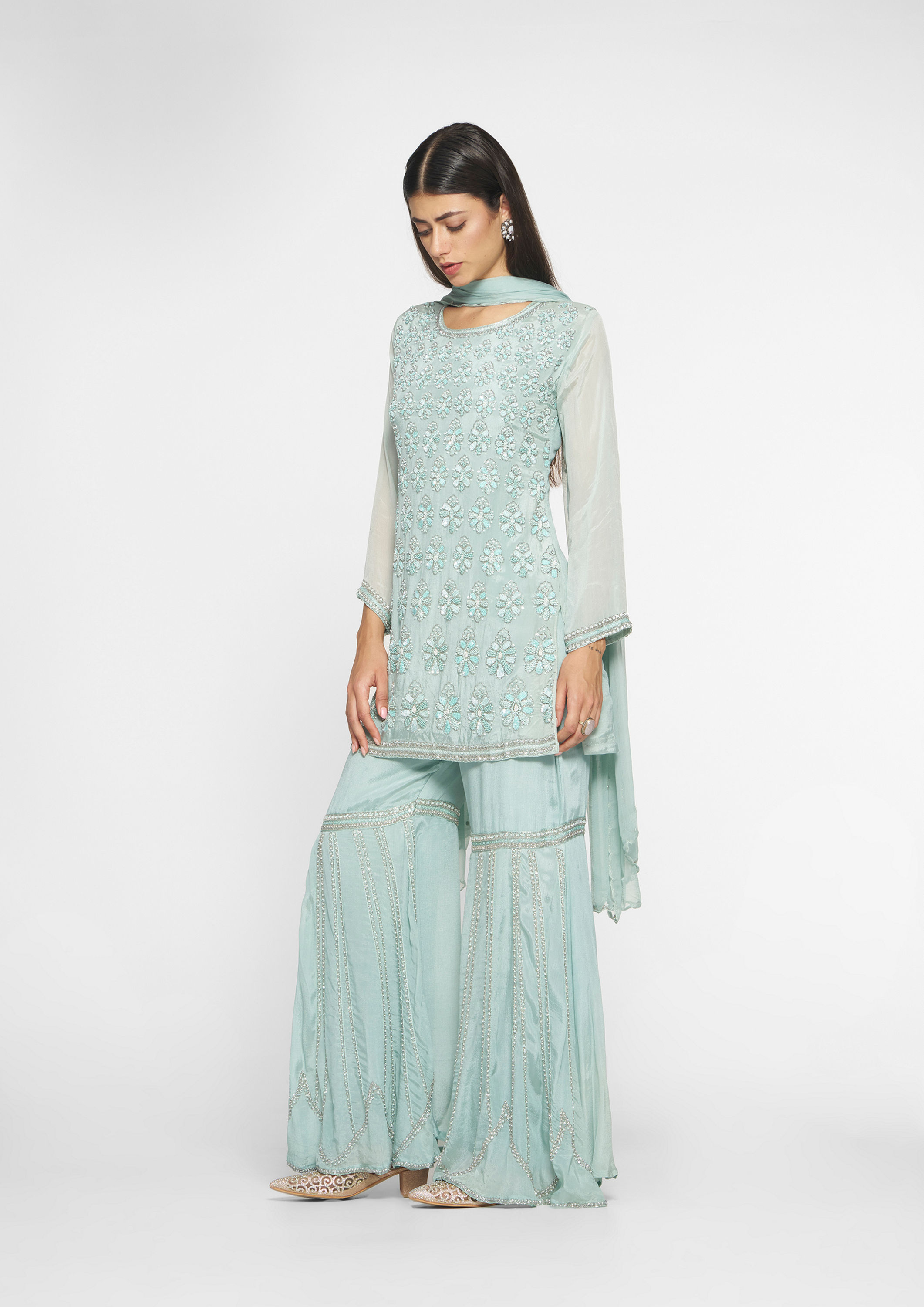 alt message - Twamev Women Elegant Light Blue Stitched Suit image number 2