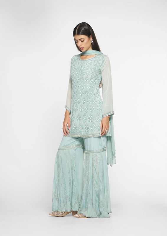 alt message - Twamev Women Elegant Light Blue Stitched Suit image number 2