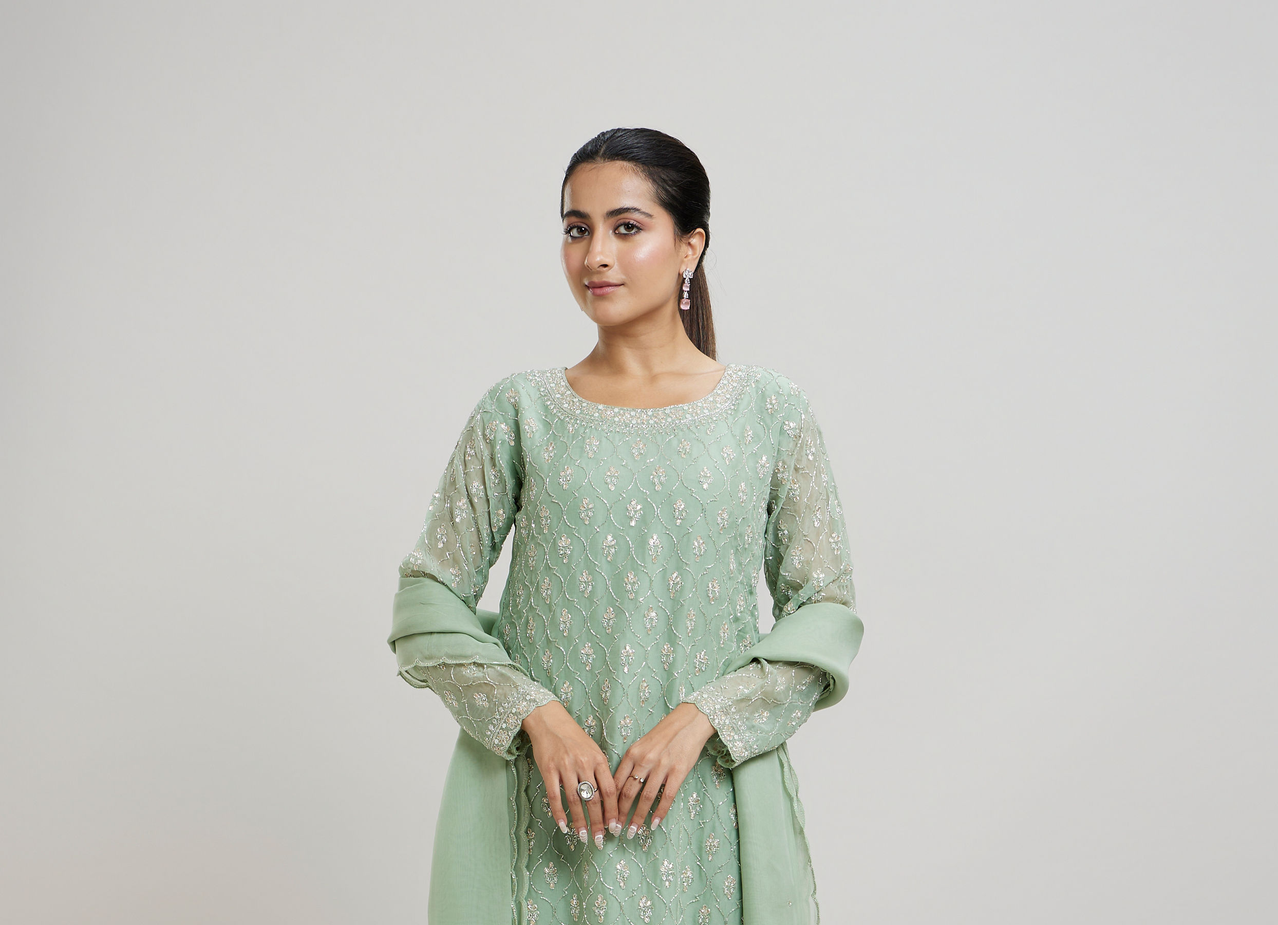 Twamev Women Mint Green Georgette Hand Embroidered Palazzo Suit